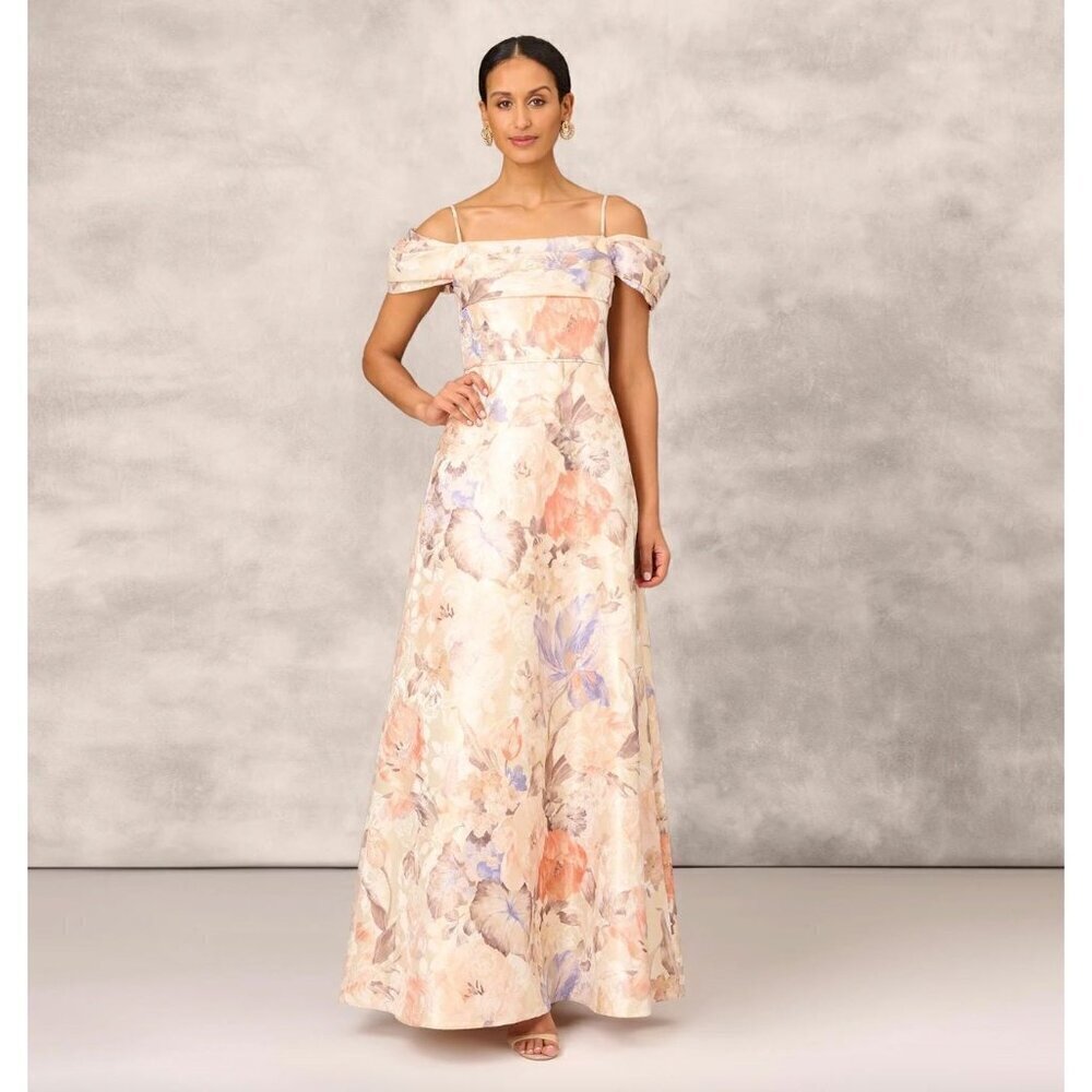 Aidan Mattox Floral Jacquard Off Shoulder Gown Ivory Womens Size 6